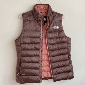Pink and mauve north face shiny down vest